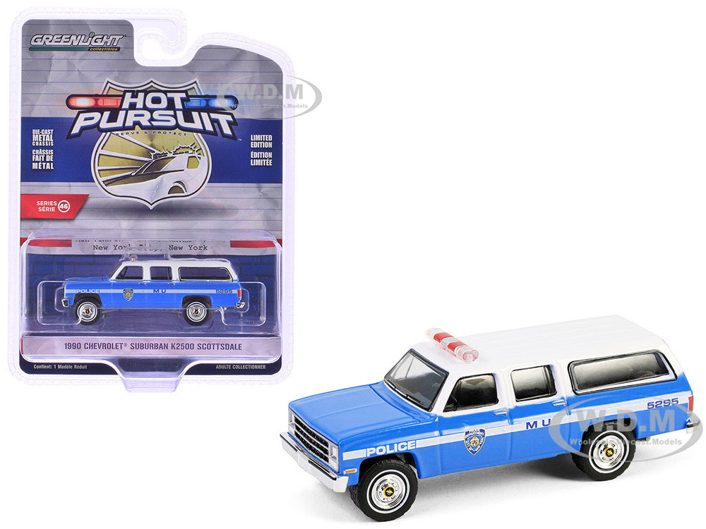 1990 Chevrolet Suburban K2500 Scottsdale "NYPD (New York City Police Department)" Blue with White Top "Hot Pursuit" Series 46 1/64 Diecast Model Car by Greenlight diecast model