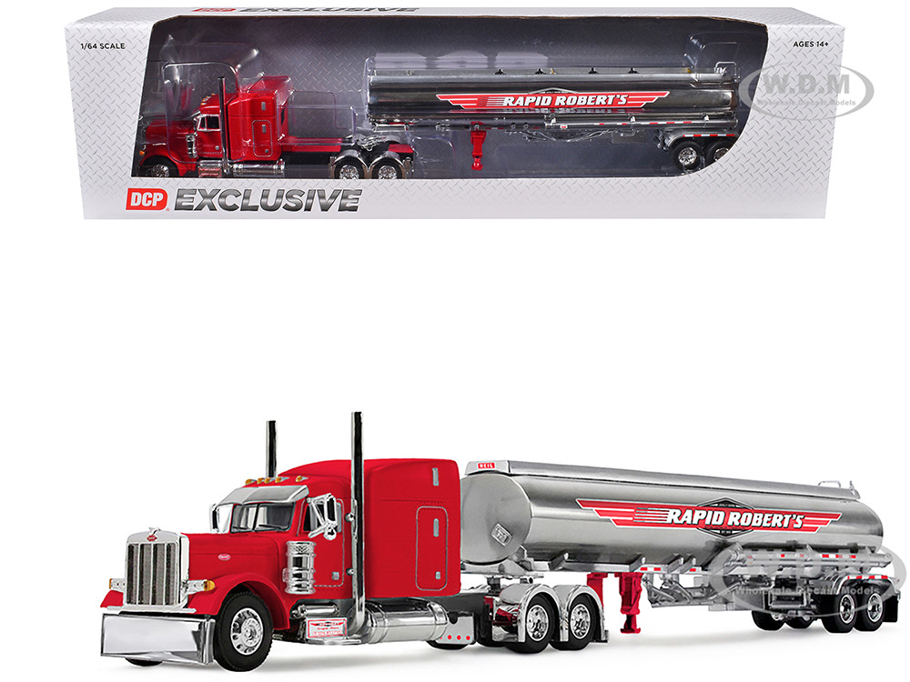Peterbilt 379 with 63" Mid-Roof Sleeper and Heil Fuel Tank Trailer "Rapid Roberts" Red 1/64 Diecast Model by DCP/First Gear diecast model