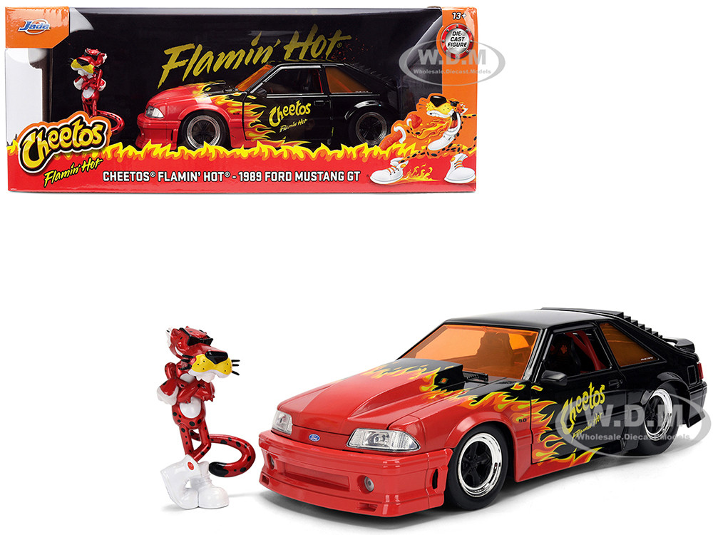 1989 Ford Mustang GT Black with Red Flame Graphics and Chester Cheetah Diecast Figure "Cheetos Flamin' Hot" "Hollywood Rides" Series 1/24 Diecast Model Car by Jada diecast model