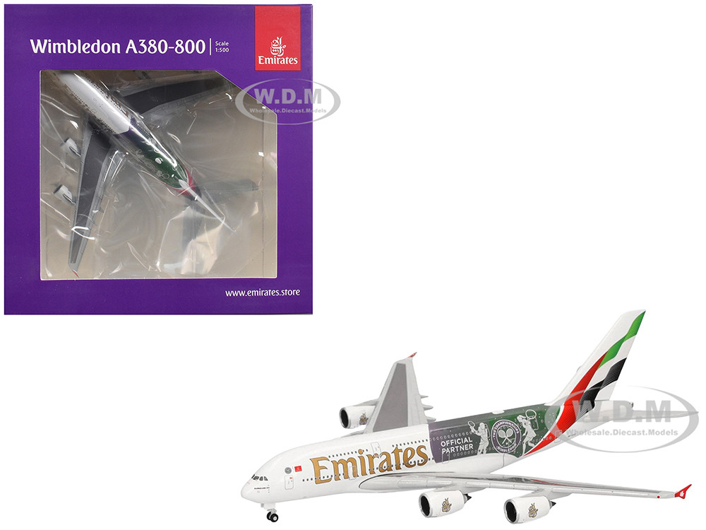 Airbus A380-800 Commercial Aircraft "Emirates Airlines - Wimbledon Official Partner" (A6-EOE) White with Graphics 1/500 Diecast Model Airplane by Herpa diecast model