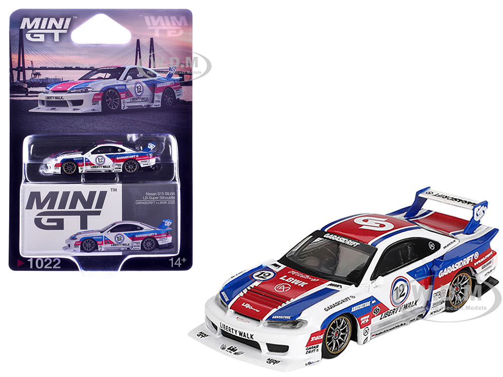 Nissan "LB-Super Silhouette" S15 SILVIA RHD (Right Hand Drive) "GARASIDRIFT x LBWK 2025" White with Blue and Red Stripes Limited Edition 1/64 Diecast Model Car by Mini GT diecast model