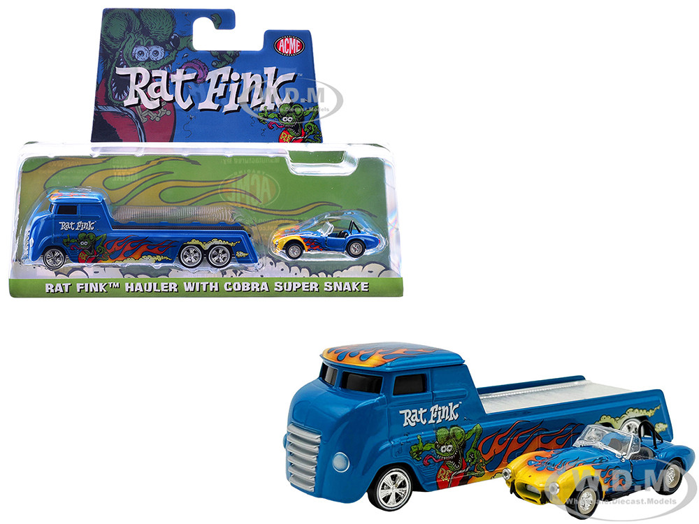 Shelby Cobra Super Snake Blue Metallic with Flames and Custom "Rat Fink" Hauler Blue Metallic with Flames and Graphics 1/64 Diecast Model Cars by ACME diecast model