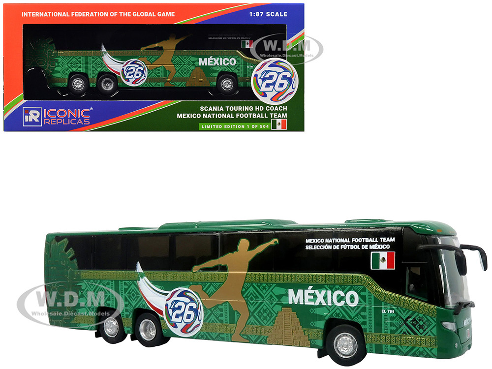 Scania Touring HD Coach Bus "Mexico National Football Team" Green with Graphics "International Federation of the Global Game" Series Limited Edition to 504 pieces Worldwide 1/87 (HO) Diecast Model by Iconic Replicas diecast model