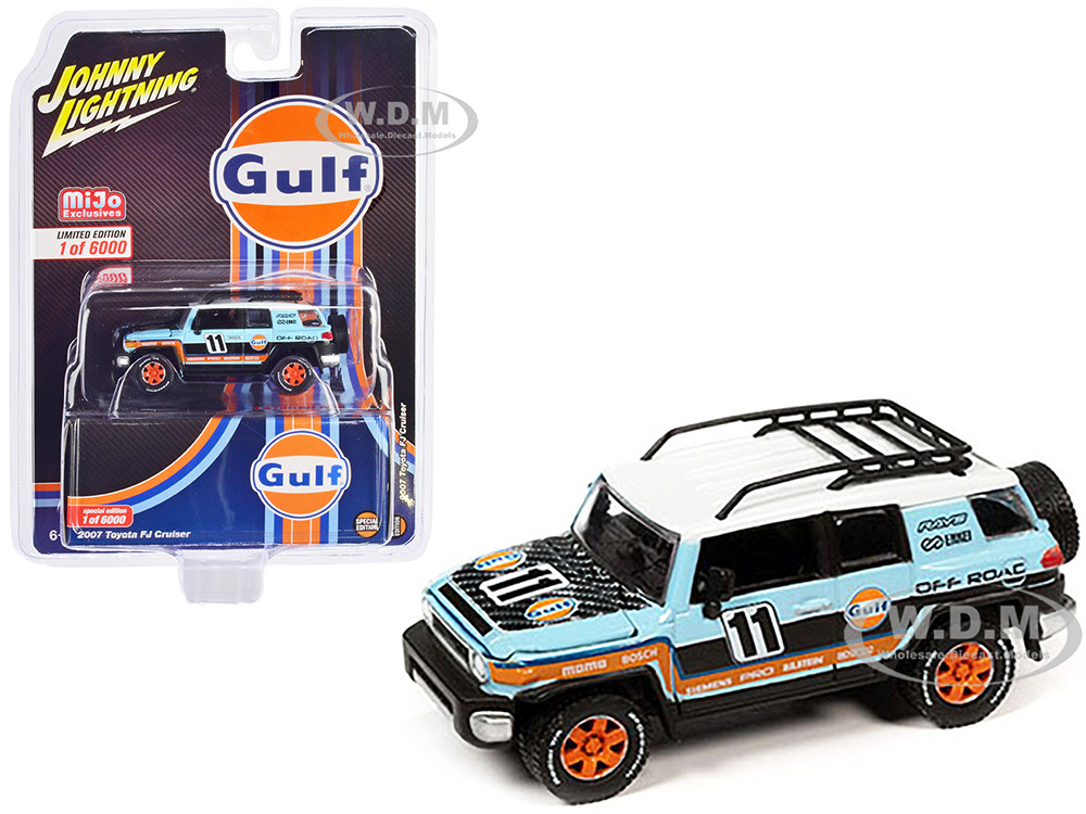 2007 Toyota FJ Cruiser #11 Light Blue "Gulf Oil" with Roofrack Limited Edition to 6000 pieces Worldwide 1/64 Diecast Model Car by Johnny Lightning diecast model