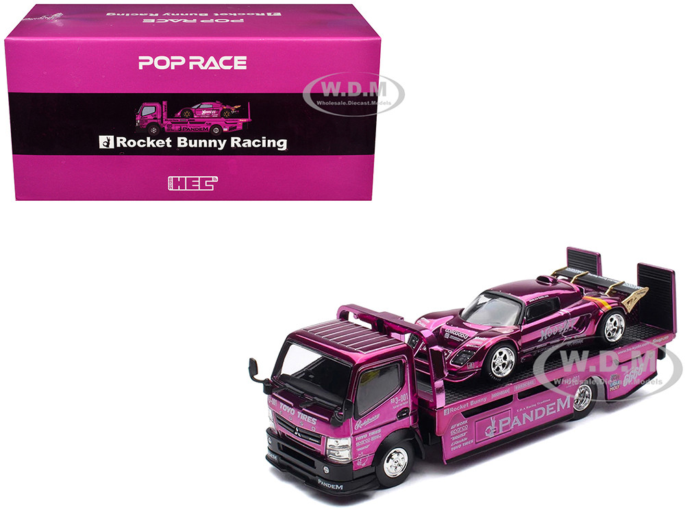 Nissan Pandem Fuso-300 Flatbed Truck RHD (Right Hand Drive) Purple Chrome and Lotus Pandem Elise Purple Chrome with Graphics 2 Car Box Set "Hobby Expo China 2026" 1/64 Diecast Model Car by Pop Race diecast model