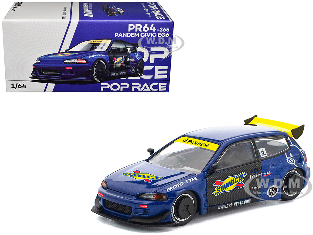 Pandem Civic EG6 RHD (Right Hand Drive) "Sunoco" Blue Metallic with Yellow Accents 1/64 Diecast Model Car by Pop Race diecast model