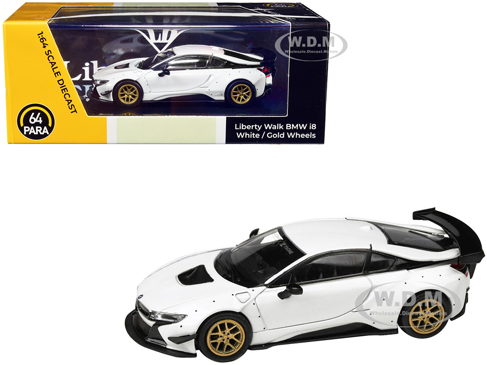 BMW i8 Liberty Walk White with Gold Wheels 1/64 Diecast Model Car by Paragon Models diecast model