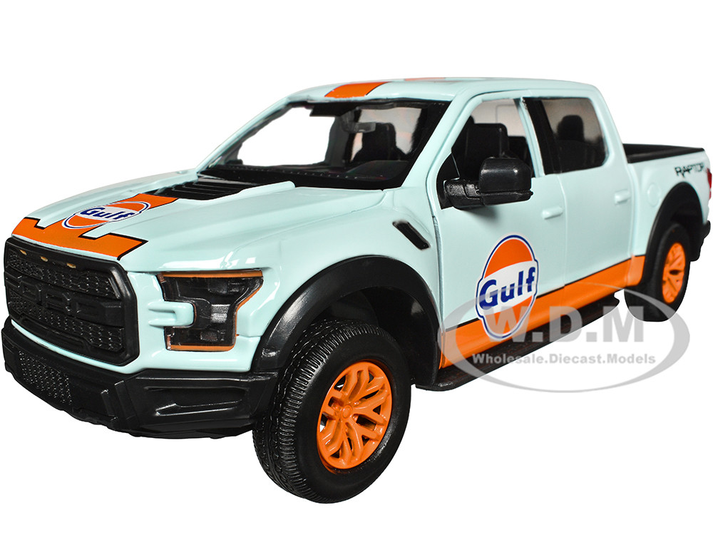 2017 Ford F-150 Raptor Pickup Truck Light Blue with Orange Stripes "Gulf Oil" "Gulf Die-Cast Collection" 1/27 Diecast Model Car by Motormax diecast model