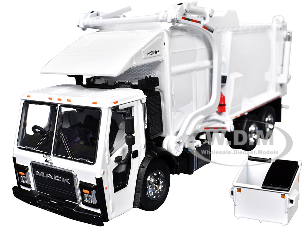 Mack LR Refuse Garbage Truck with McNeilus Meridian Front Loader White with Trash Bin 1/64 Diecast Model by DCP/First Gear diecast model