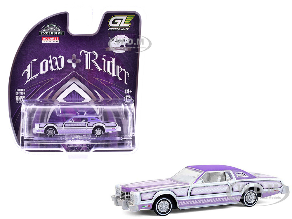 1973 Ford Thunderbird Lowrider "Michael Heralda Special Edition" Purple Metallic with Graphics and White Interior "Hobby Exclusive" Series 1/64 Diecast Model Car by Greenlight diecast model