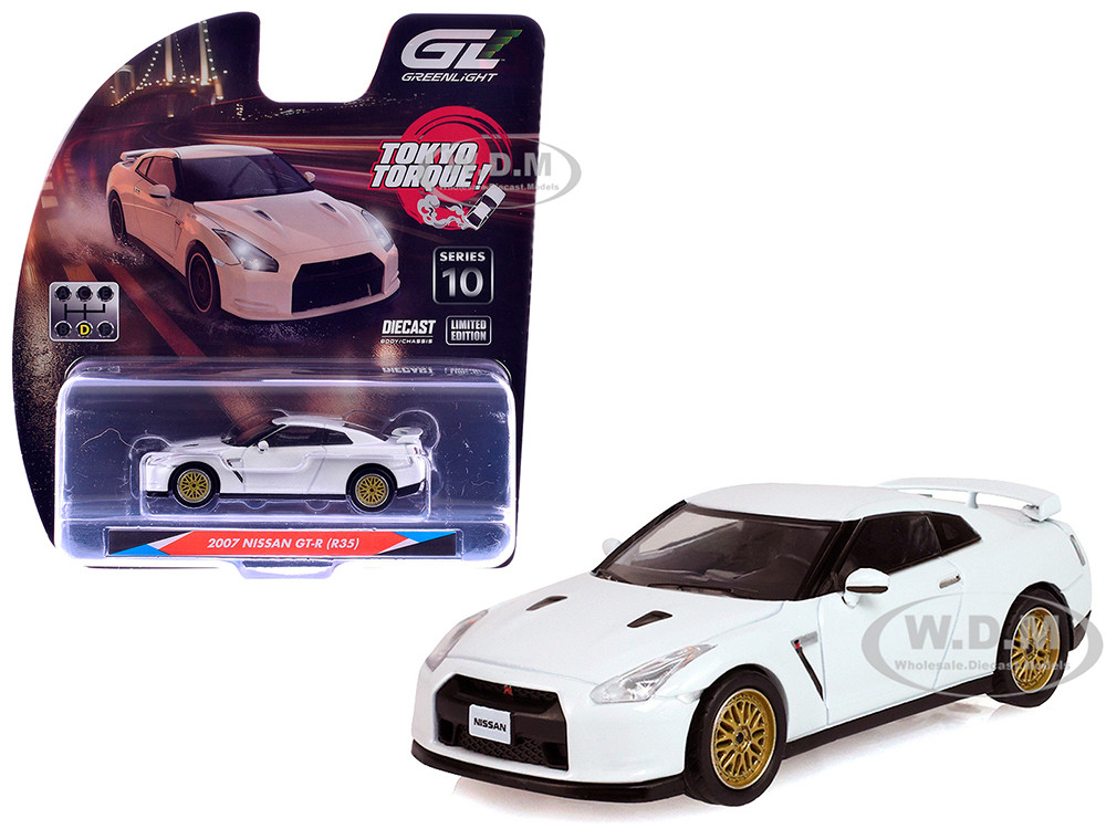 2007 Nissan GT-R (R35) Pearl White with Gold Wheels "Tokyo Torque" Series 10 1/64 Diecast Model Car by Greenlight diecast model
