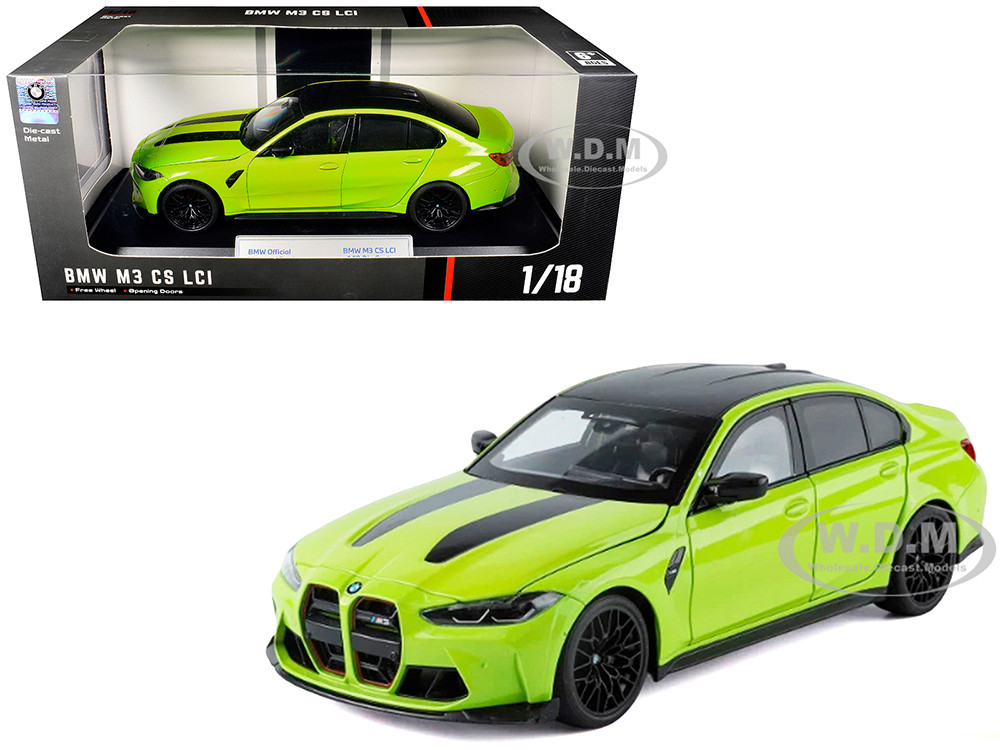 BMW M3 CS LCI Lime Green Metallic with Matt Black Top and Hood Stripes 1/18 Diecast Model Car by Heimanba diecast model