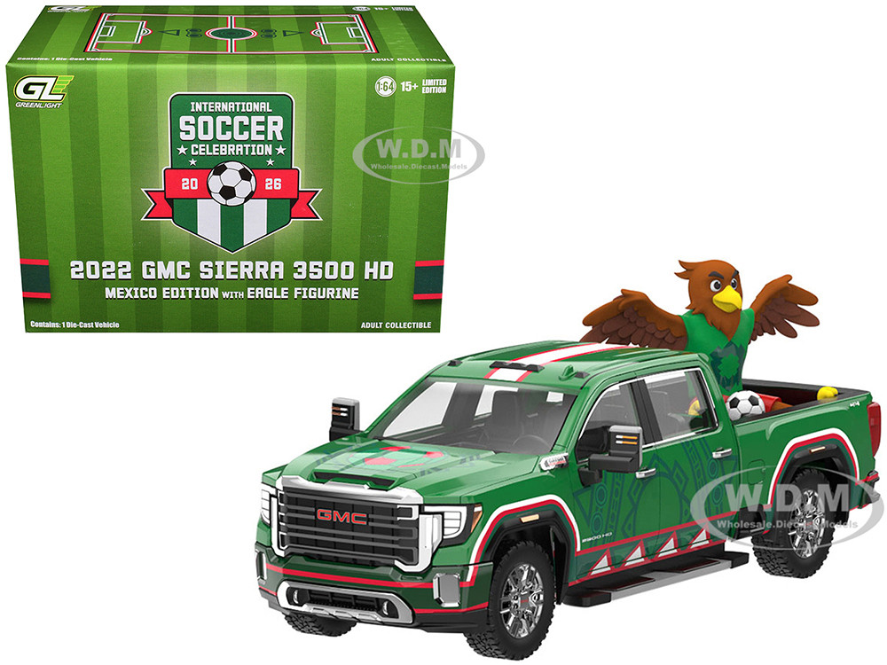 2022 GMC Sierra 3500 HD Pickup Truck Green with Mexican Soccer Graphics with Eagle Figure "International Soccer Celebration '26" Series 1/64 Diecast Model Car by Greenlight diecast model