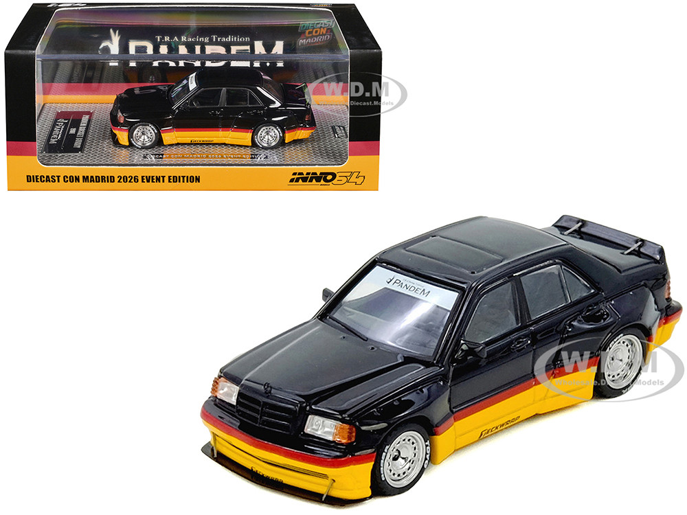 Pandem Rocket Bunny 190E Black with Red and Yellow Stripes "Diecast Con Madrid 2026 Event Edition" 1/64 Diecast Model Car by Inno Models diecast model