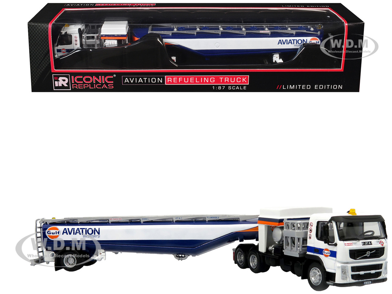 Volvo FM500 with Esterer Aviation Refueling Tanker Truck "Gulf Aviation" White with Blue Stripes Limited Edition 1/87 (HO) Diecast Model by Iconic Replicas diecast model