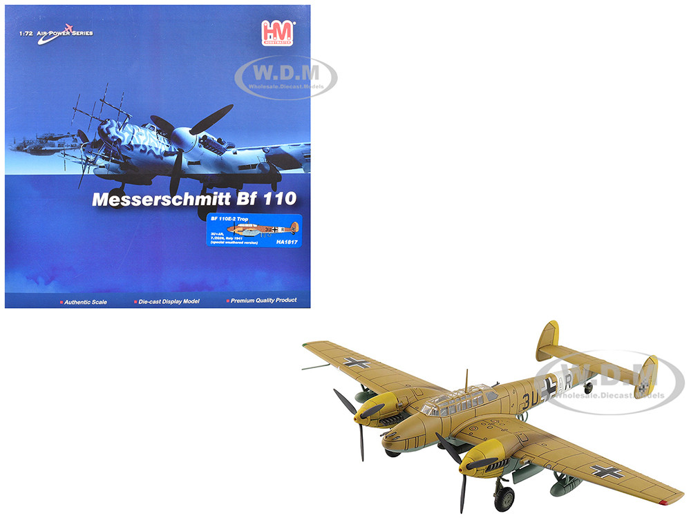 Messerschmitt BF 110E-2 Trop Fighter Aircraft "3U+AR, 7./ZG26, Italy" (1941) German Luftwaffe "Air Power Series" 1/72 Diecast Model by Hobby Master diecast model
