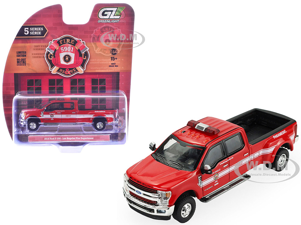 2018 Ford F-350 Pickup Truck "Los Angeles Fire Department" Red with White Stripes "Fire & Rescue" Series #5 1/64 Diecast Model Car by Greenlight diecast model