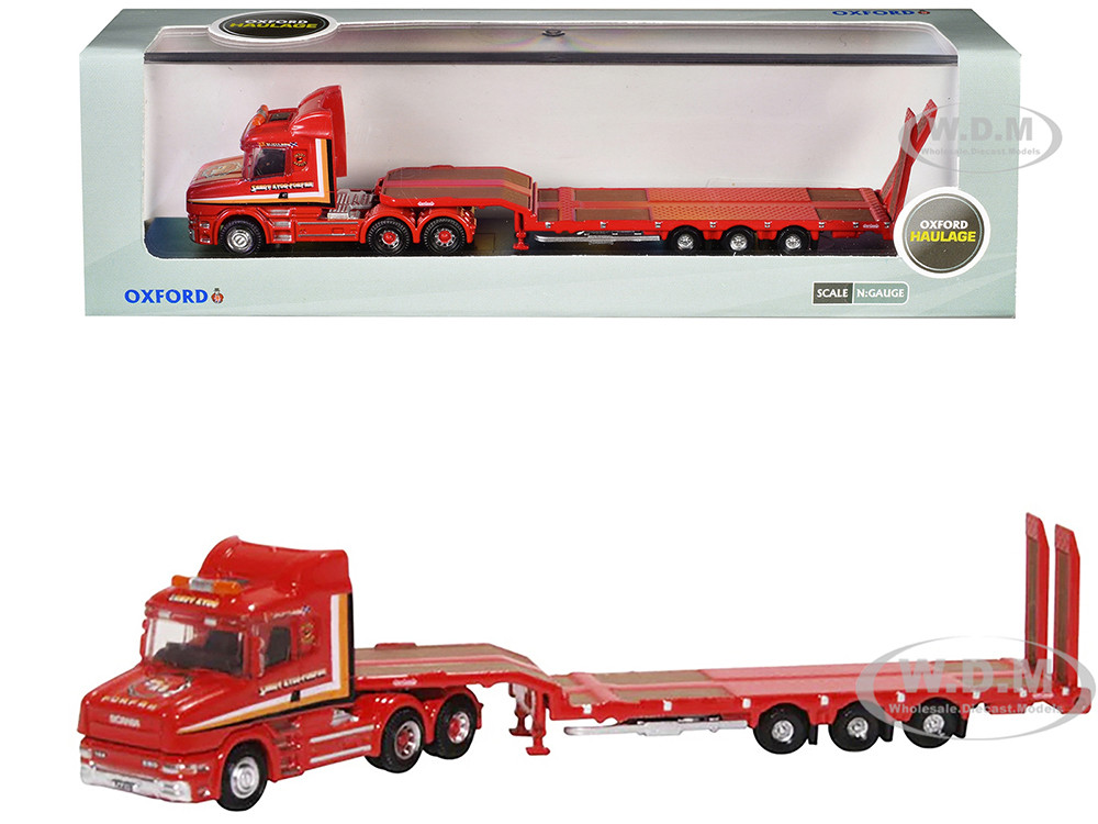 Scania T-Cab Truck RHD (Right Hand Drive) with Lowboy Trailer "Sandy Kydd" Red with Stripes 1/148 (N) Scale Diecast Model Car by Oxford Diecast diecast model
