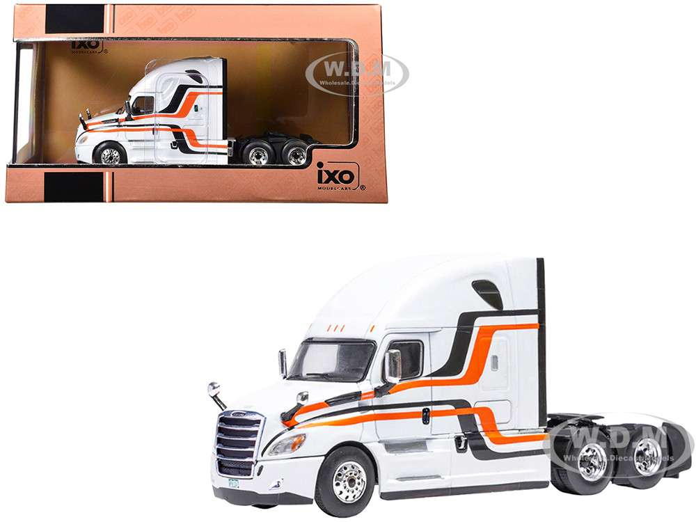 2018 Freightliner Cascadia Truck Tractor White with Black and Orange Stripes 1/64 Diecast Model by IXO Models diecast model
