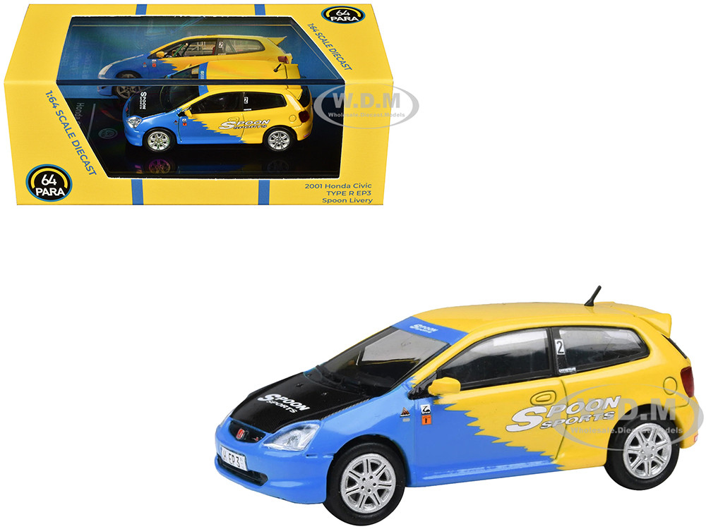 2001 Honda Civic Type R EP3 Blue and Yellow with Black Hood "Spoon Sports" 1/64 Diecast Model Car by Paragon Models diecast model