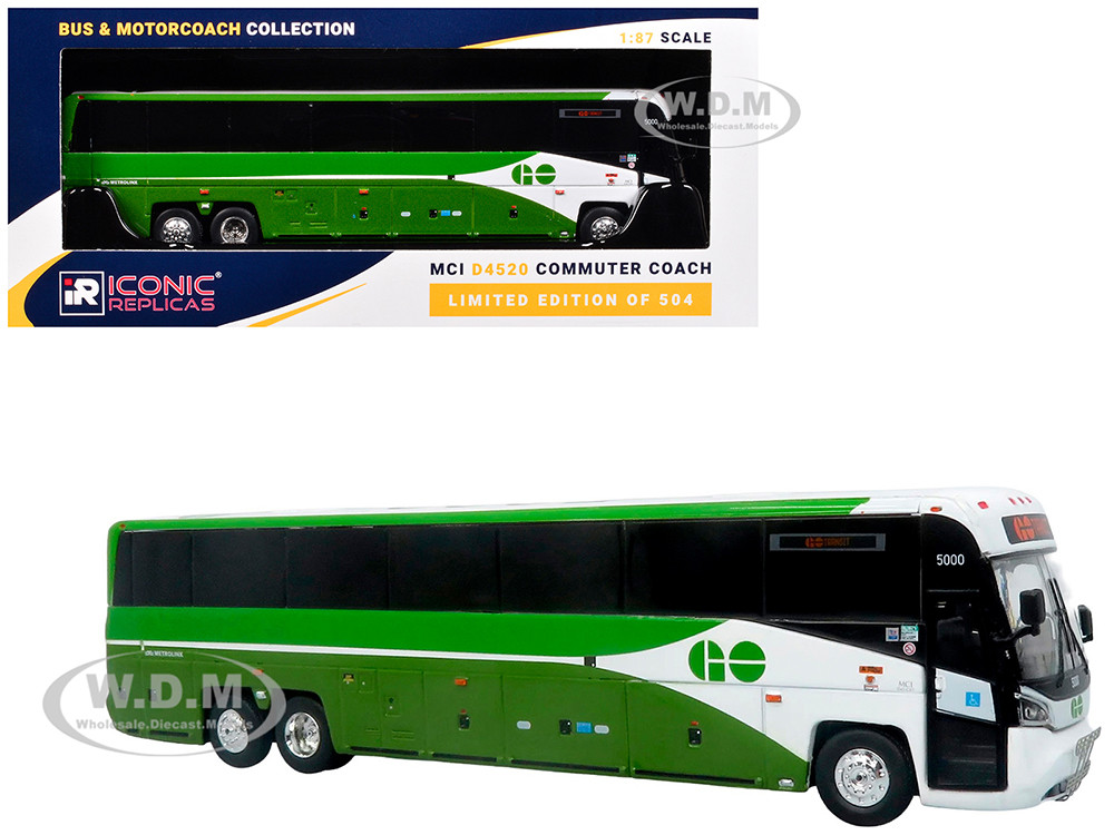 MCI D4520 Commuter Coach Bus "GO Transit" Green and White "The Bus & Motorcoach Collection" Limited Edition to 504 pieces Worldwide 1/87 (HO) Diecast Model by Iconic Replicas diecast model