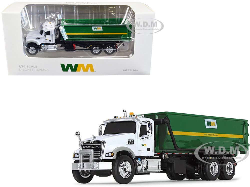 Mack Granite MP Refuse Garbage Truck with Tub-Style Roll-Off Container "Waste Management" White and Green 1/87 (HO) Diecast Model by First Gear diecast model