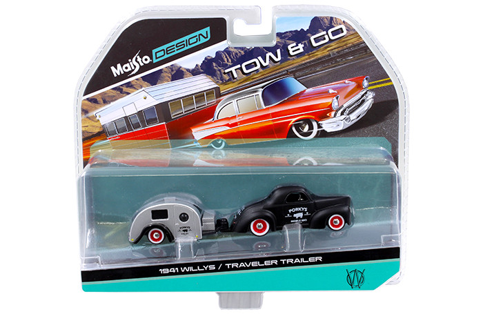 1941 Willys Matt Black and Traveler Trailer Tow & Go 1/64 Diecast Model by Maisto diecast model
