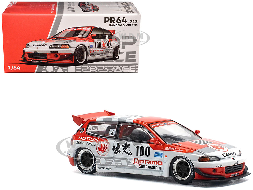 Pandem Civic EG6 V1.5 RHD (Right Hand Drive) #100 "Idemitsu Motion Infinite" White and Red with Graphics 1/64 Diecast Model Car by Pop Race diecast model