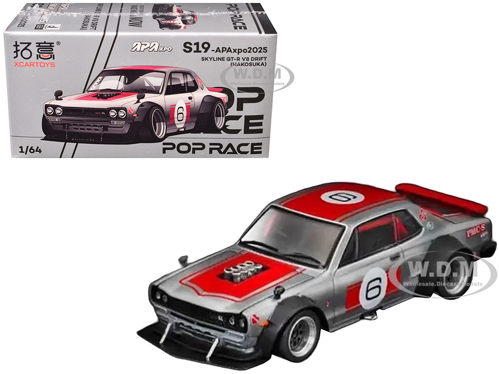 Skyline GT-R V8 Drift "Hakosuka" RHD (Right Hand Drive) #6 Silver Metallic with Red Stripes "APA XPO 2025 Exclusive" 1/64 Diecast Model Car by Pop Race diecast model