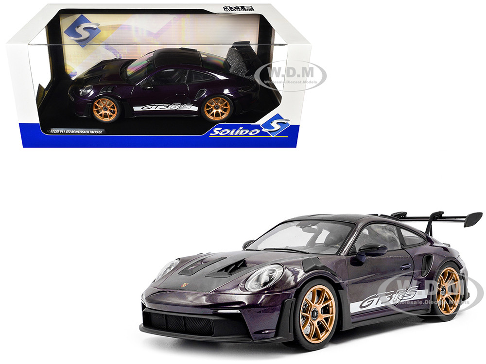 2024 Porsche 911 GT3 RS Weissach Package Viola Purple Metallic with Carbon Hood Stripes and Top 1/18 Diecast Model Car by Solido diecast model