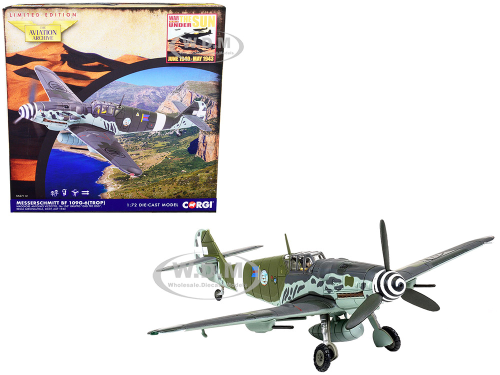 Messerschmitt Me109G-6 (Trop) Fighter Aircraft "Maggiore Antonio Vizzotto, 150 Gruppo Gigi Tre Osei, Regia Aeronautica, Sicily" (July 1943) "The Aviation Archive" Series 1/72 Diecast Model by Corgi diecast model