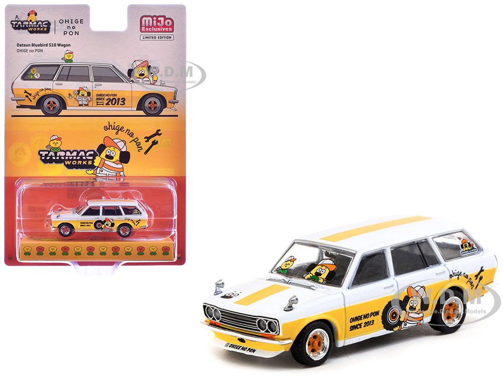 Datsun Bluebird 510 Wagon "Ohige no Pon" White with Orange Stripes and Graphics "Global64" Series 1/64 Diecast Model by Tarmac Works diecast model