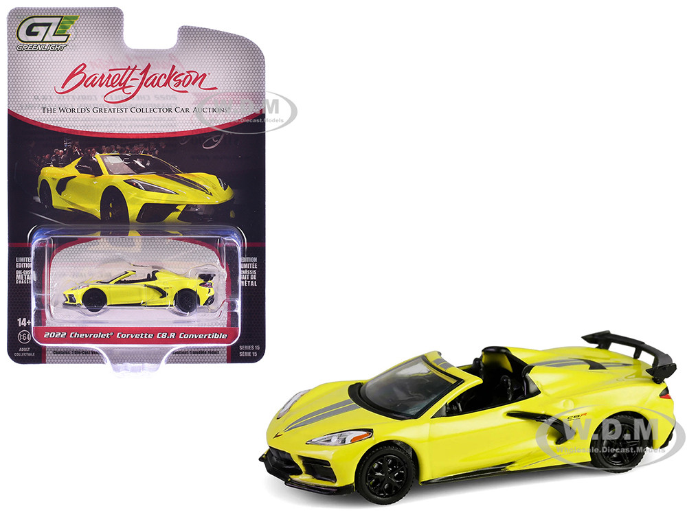 2022 Chevrolet Corvette C8.R Convertible Yellow with Silver Stripes "Barrett-Jackson" Series 15 1/64 Diecast Model Car by Greenlight diecast model