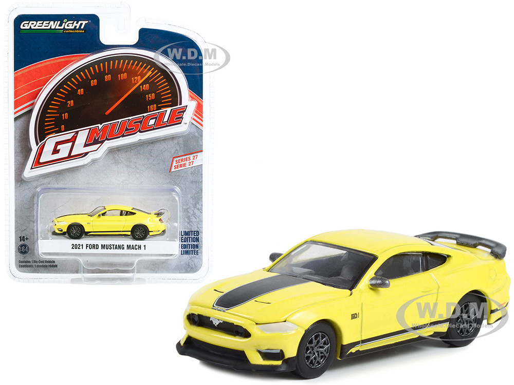 2021 Ford Mustang Mach 1 Grabber Yellow with Black Stripes "Greenlight Muscle" Series 27 1/64 Diecast Model Car by Greenlight diecast model