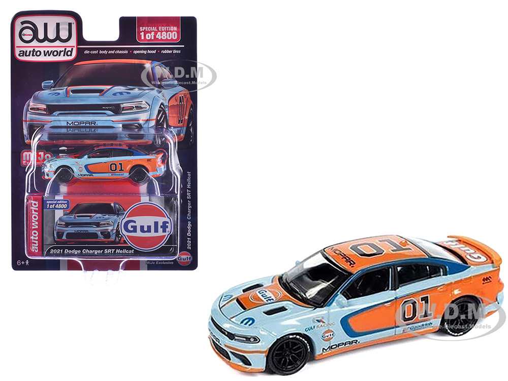 2021 Dodge Charger SRT Hellcat #01 "Gulf Oil-MOPAR" Light Blue and Orange Limited Edition to 4800 pieces Worldwide 1/64 Diecast Model Car by Auto World diecast model