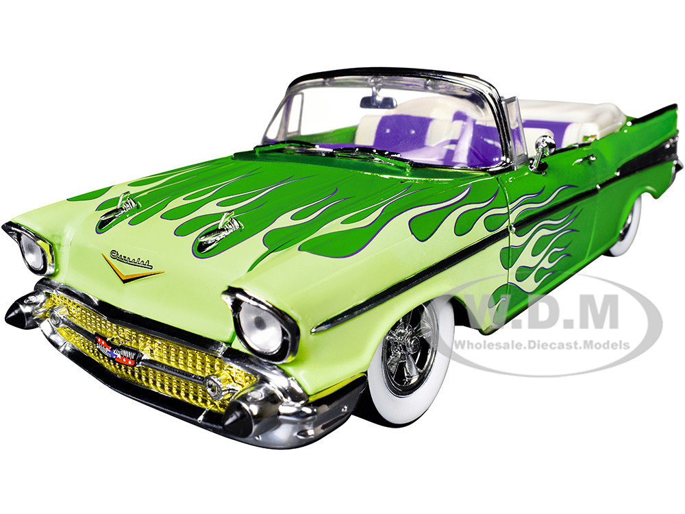 1957 Chevrolet Bel Air Convertible Green Metallic with Flame Graphics and Purple and White Interior Limited Edition to 4050 pieces Worldwide 1/24 Diecast Model Car by M2 Machines diecast model
