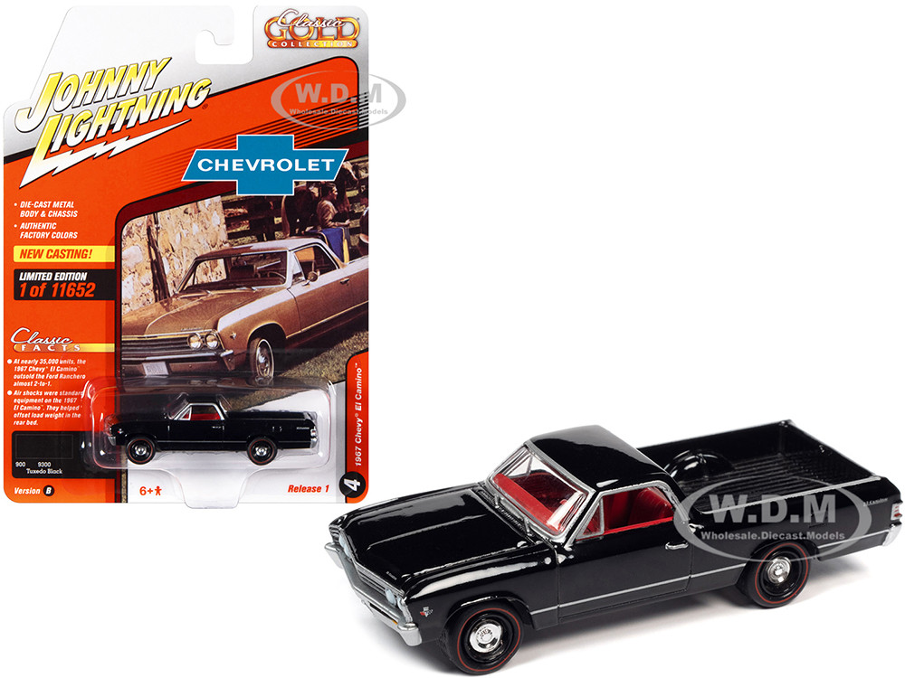 1967 Chevrolet El Camino Tuxedo Black with Red Interior "Classic Gold Collection" Series Limited Edition to 11652 pieces Worldwide 1/64 Diecast Model Car by Johnny Lightning diecast model