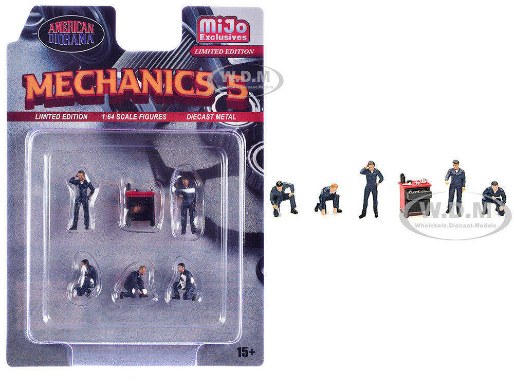 "Mechanics #5" 6 piece Diecast Figure Set (5 Figures, 1 Tool Cabinet) Limited Edition for 1/64 Scale Models by American Diorama diecast model