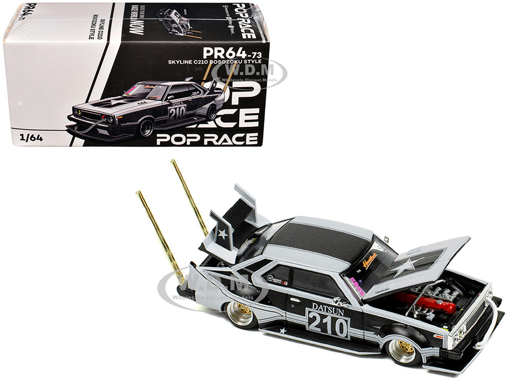 Skyline C210 "Bosozoku Style" RHD (Right Hand Drive) #210 Matt Black and Silver 1/64 Diecast Model Car by Pop Race diecast model