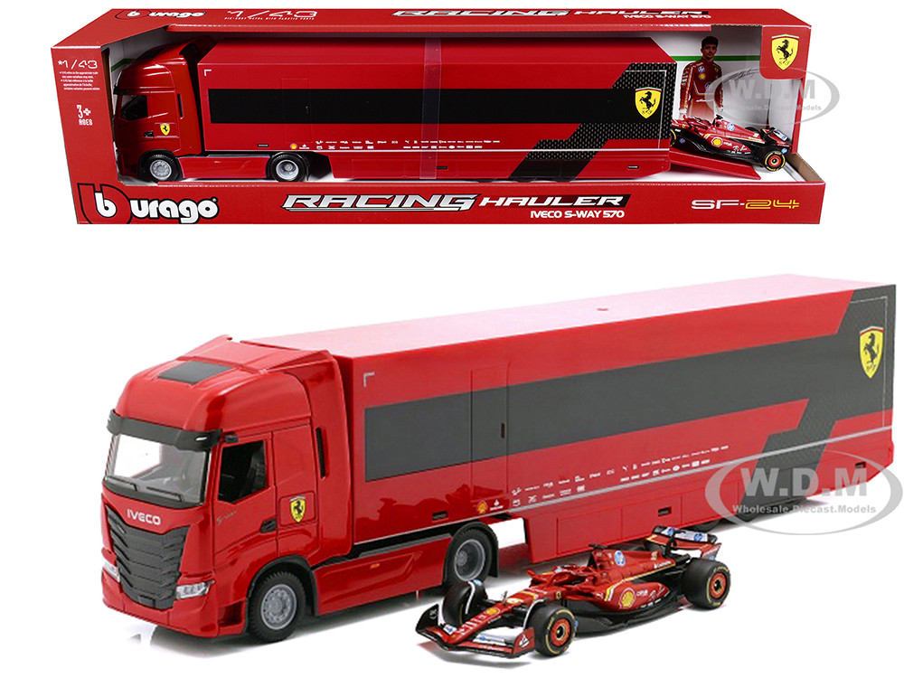 Iveco S-Way 570 Car Transporter Red and Ferrari SF-24 #16 Charles Leclerc Formula One F1 World Championship (2024) "Racing Hauler" Series 1/43 Diecast Model Car by Bburago diecast model