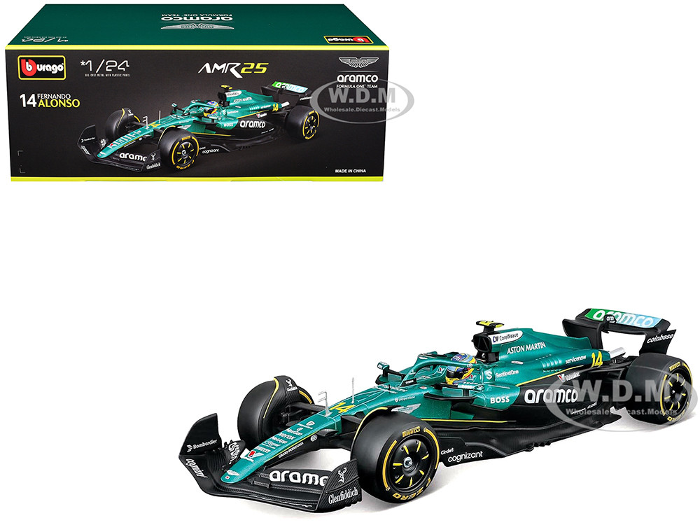 Aston Martin AMR25 #14 Fernando Alonso "Aramco" Formula One F1 "World Championship" (2025) 1/24 Diecast Model Car by Bburago diecast model