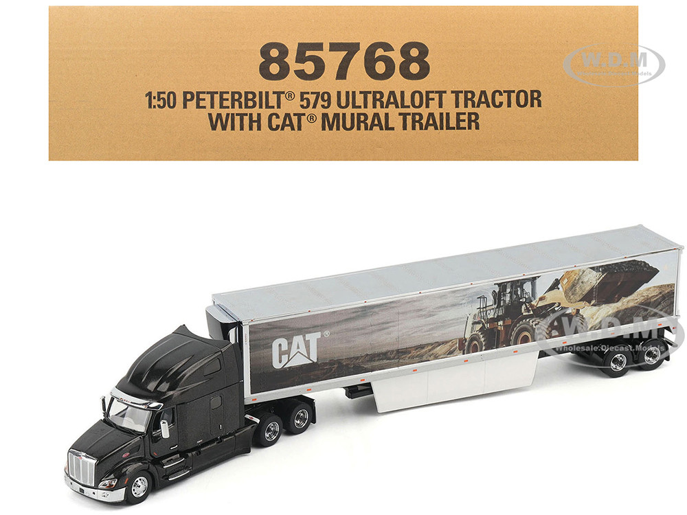 Peterbilt 579 UltraLoft Truck Tractor Black Metallic with "CAT Caterpillar" Mural Trailer "Transport Series" 1/50 Diecast Model by Diecast Masters diecast model