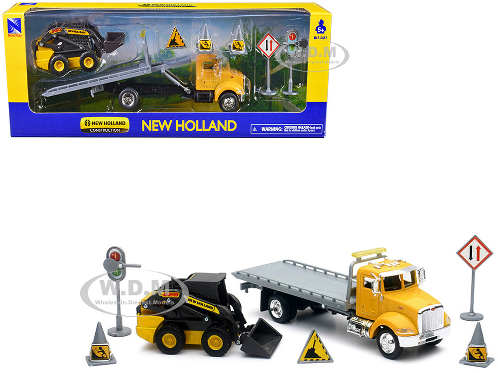 Peterbilt Roll-Off Flatbed Truck Yellow and New Holland L228 Skid Steer Yellow with Road Signs "New Holland Construction" Series 1/43 Diecast Model by New Ray diecast model