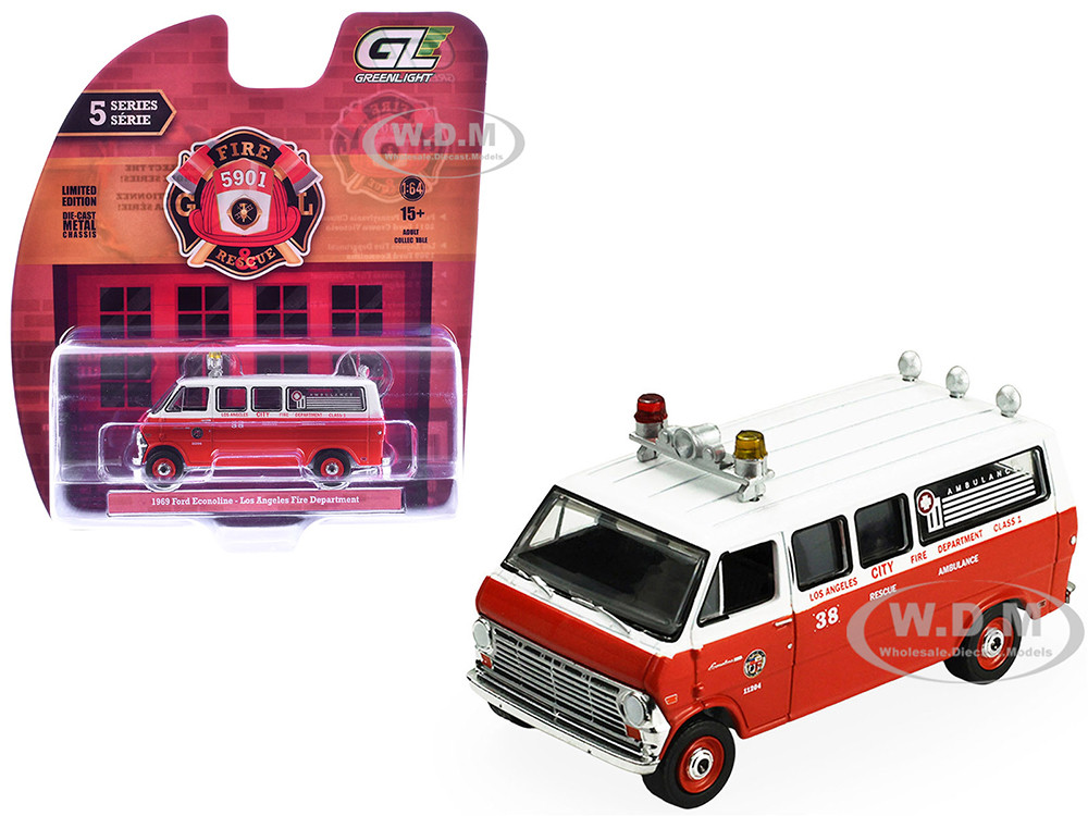1969 Ford Econoline Ambulance "Los Angeles Fire Department" Red and White "Fire & Rescue" Series #5 1/64 Diecast Model Car by Greenlight diecast model