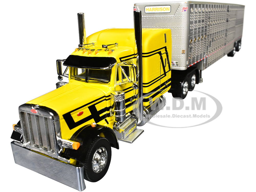 Peterbilt 379 with 63" Mid-Roof Sleeper and Wilson Silverstar Livestock Trailer "Harrison Trucking" Yellow with Black Stripes 1/64 Diecast Model by DCP/First Gear diecast model