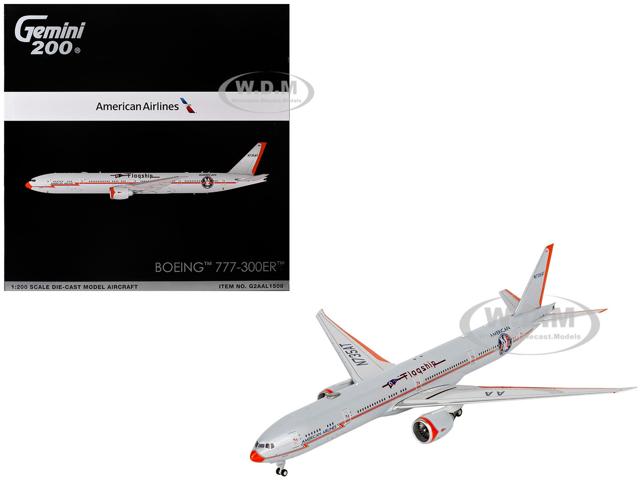 Boeing 777-300ER Commercial Aircraft "American Airlines - Flagship DFW" (N735AT) Silver with Orange Stripes "Gemini 200" Series 1/200 Diecast Model Airplane by GeminiJets diecast model