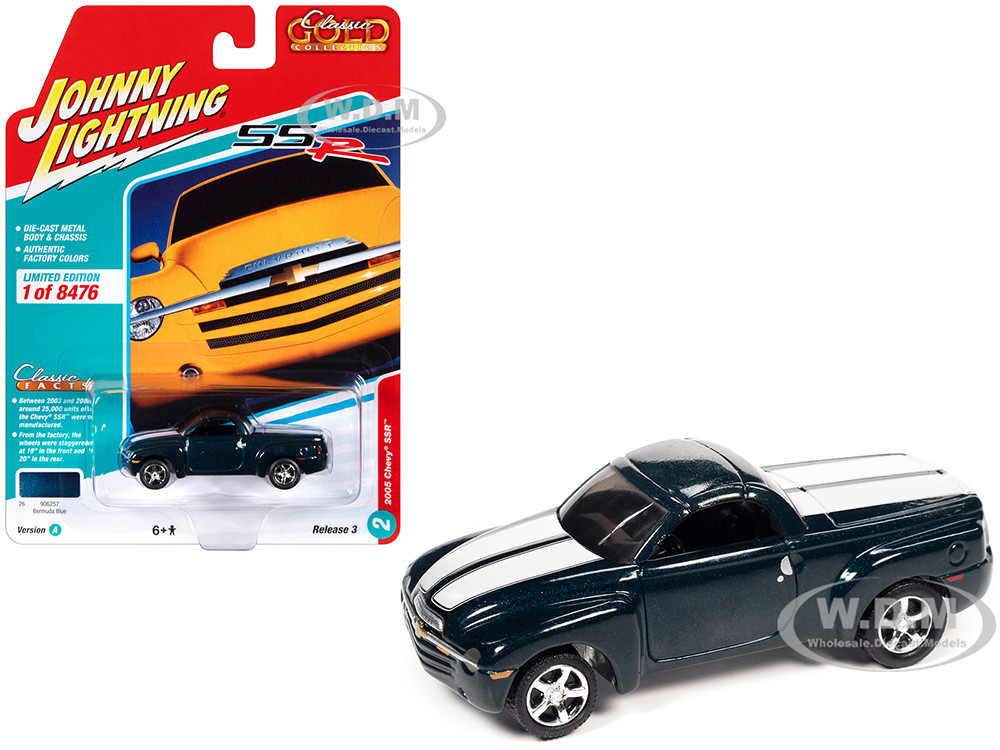 2005 Chevrolet SSR Pickup Truck Bermuda Blue Metallic with White Stripes "Classic Gold Collection" Series Limited Edition to 8476 pieces Worldwide 1/64 Diecast Model Car by Johnny Lightning diecast model