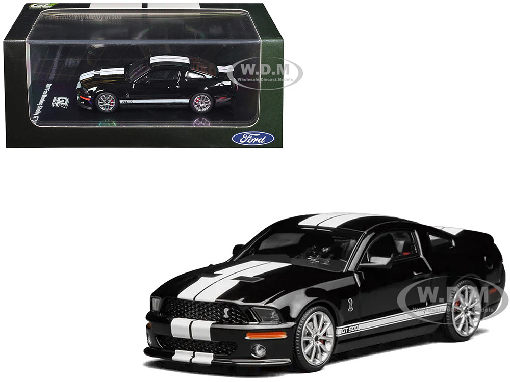 2007 Ford Mustang Shelby GT500 Ebony Black with White Stripes 1/64 Diecast Model Car by MotorHelix & Greenlight diecast model