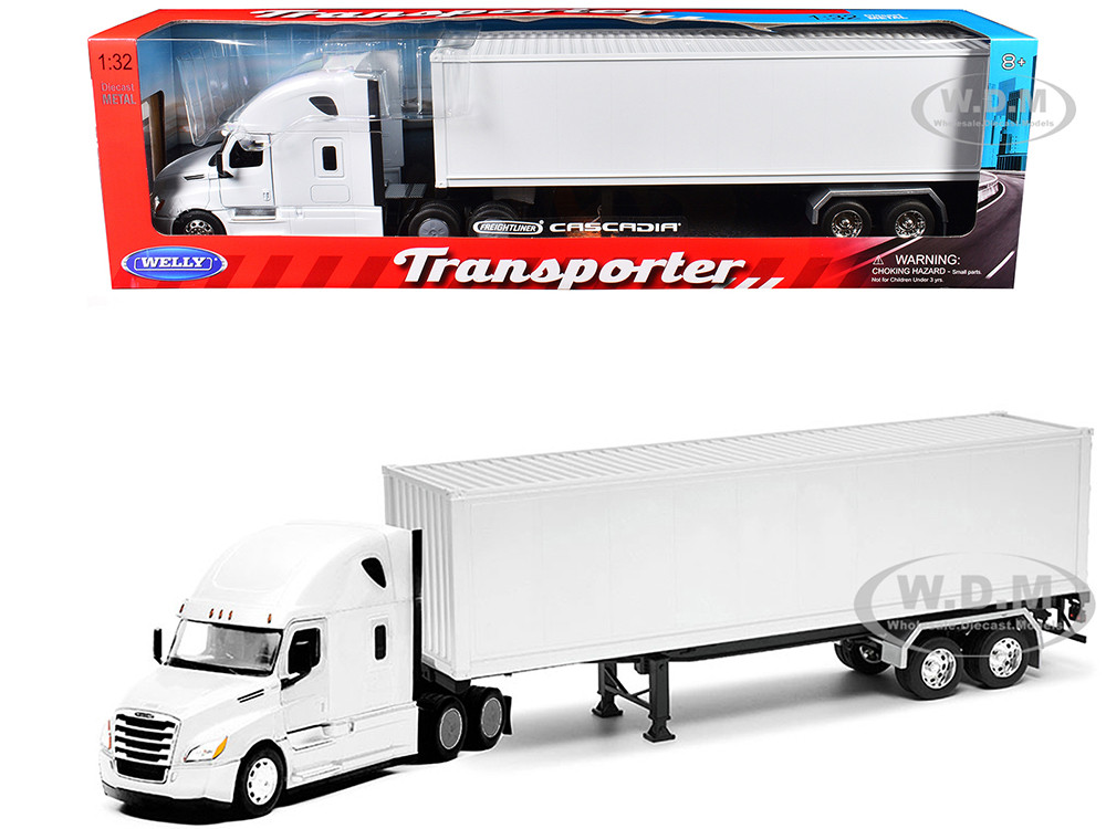 Freightliner Cascadia Truck White with White Container "Transporter" Series 1/32 Diecast Model by Welly diecast model