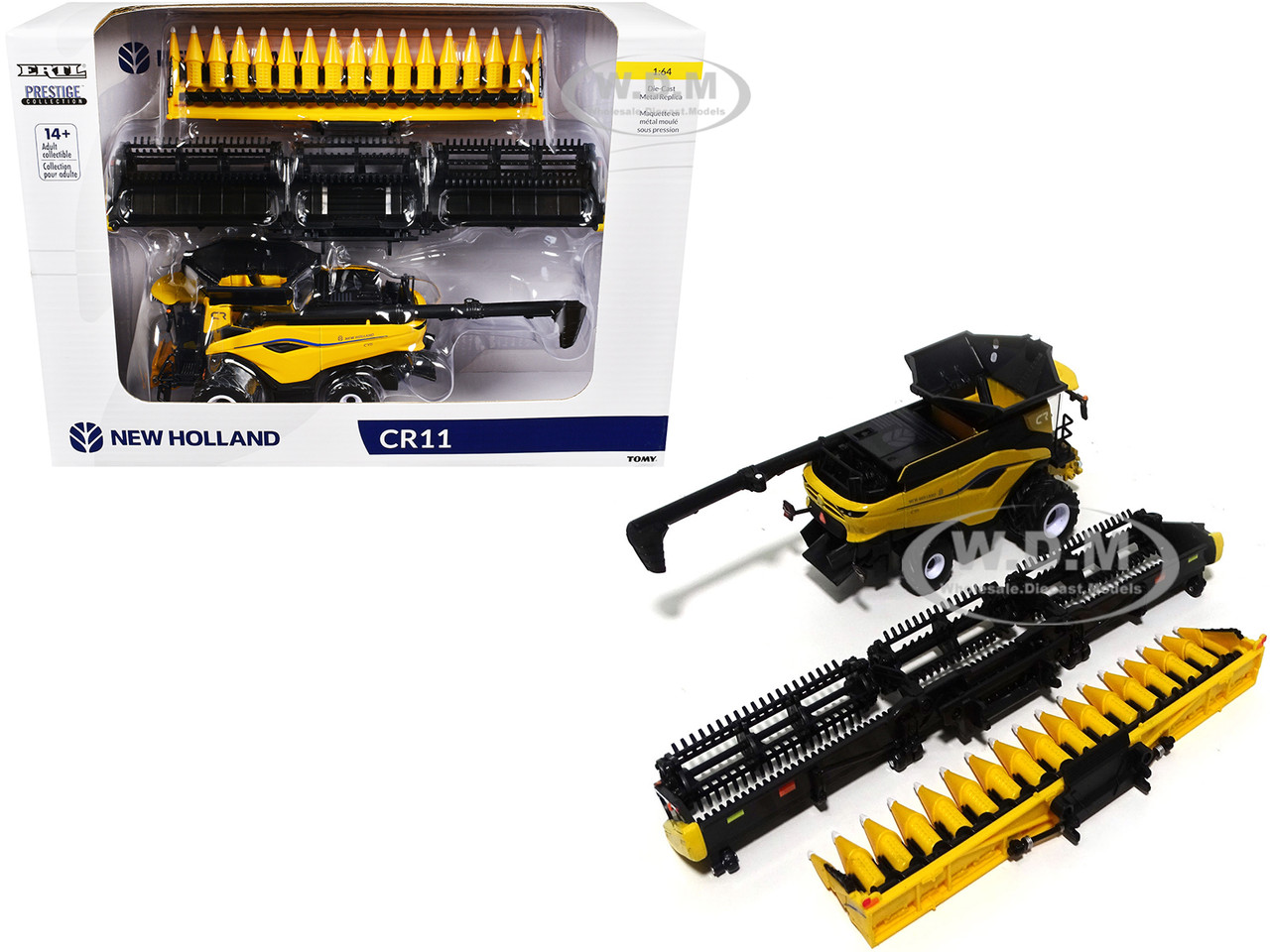 New Holland CR11 Dual-Wheeled Combine with 16-Row Corn Head and Draper Grain Head Yellow "Prestige Collection" Series 1/64 Diecast Model by ERTL TOMY diecast model